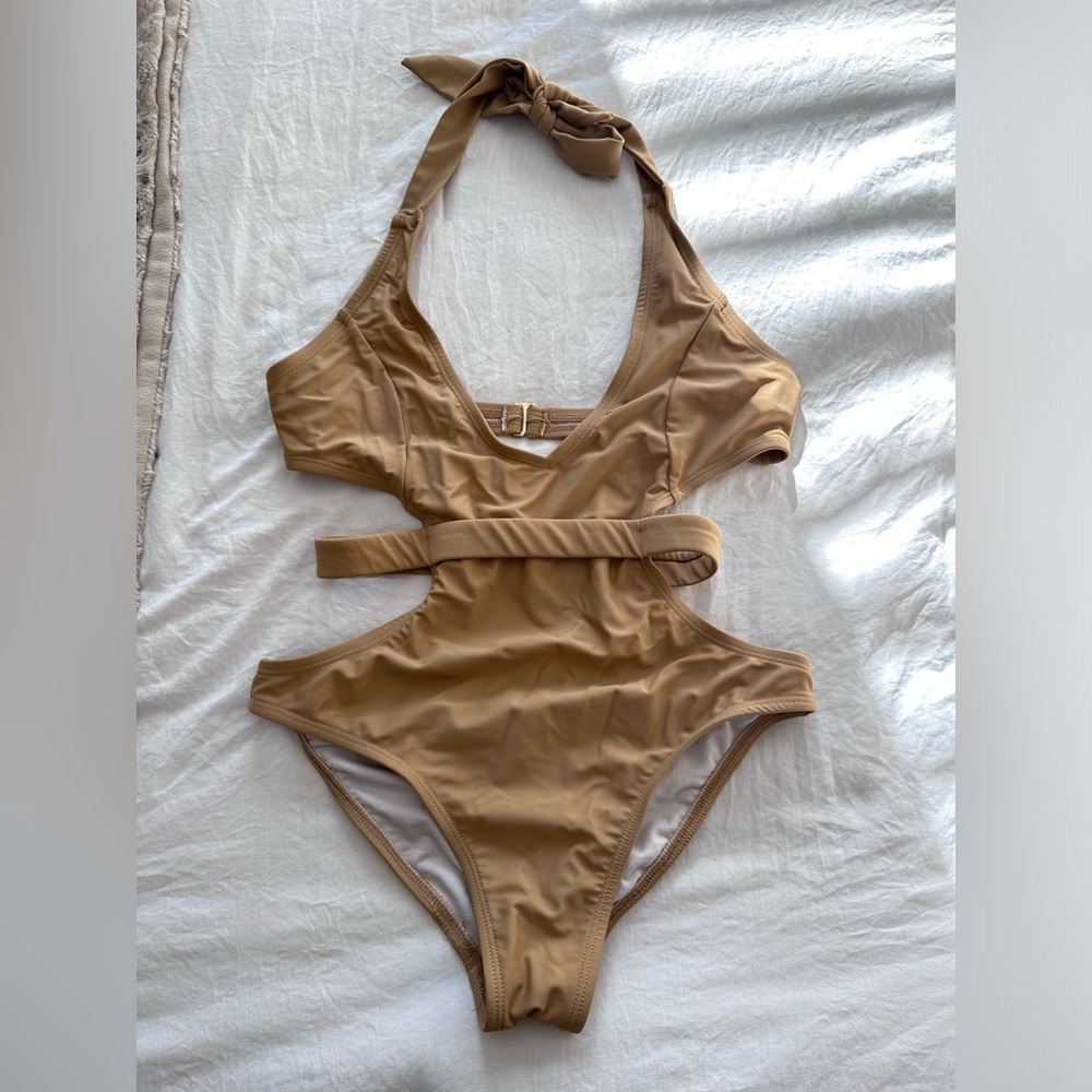Mint Swim Tan Cut Out One Piece Swimsuit Size M